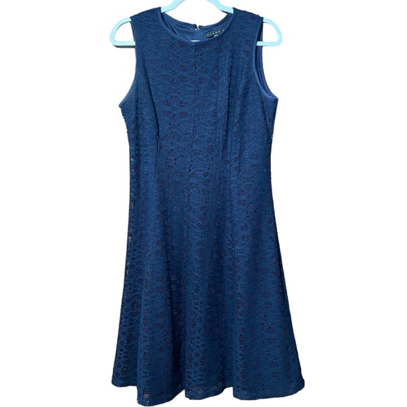 Tiana B. Sleeveless Pleated Lace A Line Navy Blue Mini Dress Women's Size 10 - Picture 2 of 16